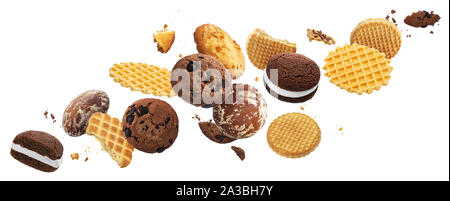 Falling cakes, cookies, crackers, waffles isolated on white background Stock Photo