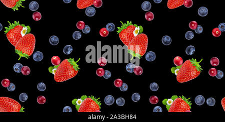 Seamless pattern of flying berries isolated on black background Stock Photo