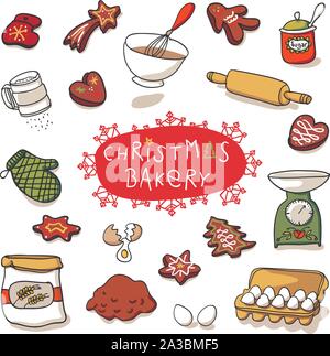 Christmas bakery with gingerbread and bakery utensils- decorative for banners and cards and backgrounds Stock Vector