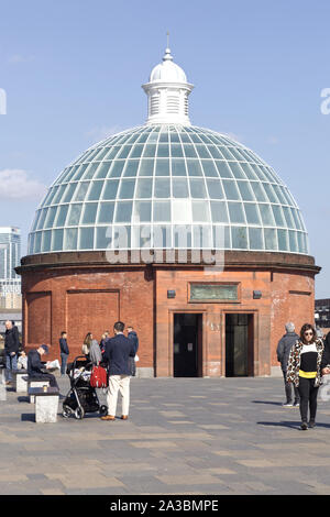 The Greenwich Foot Tunnel crosses beneath the River Thames in East London, linking Greenwich on the south bank with Millwall Stock Photo