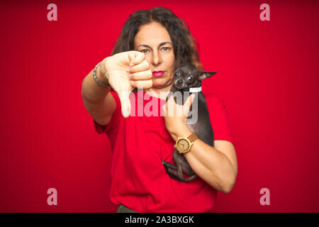 Middle age senior woman holding cute chihuahua dog over red isolated background with angry face, negative sign showing dislike with thumbs down, rejec Stock Photo