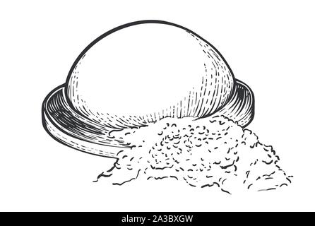 Dough with flour on wooden boardisolated on whute background. Hand drawn vector illustration in engraving style Stock Vector