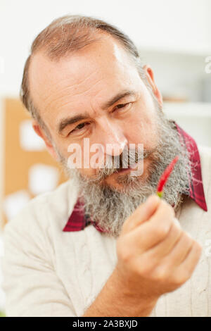 Close up portrait of bearded senior man holding tiny chili pepper and looking at it suspiciously Stock Photo