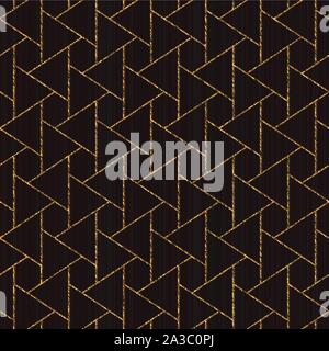 Asian motif. Seamless pattern based on japanese sashiko. Scratched golden ornament on the black background. Abstract backdrop. Simple texture for web- Stock Vector