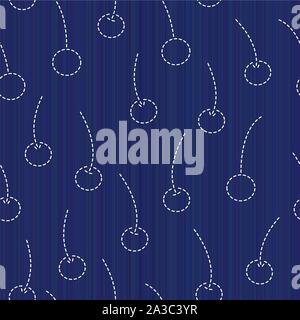 Sashiko kimono pattern. Cherries. Abstract seamless texture. Japanese embroidery ornament. White stitches on the indigo blue background. For decoratio Stock Vector