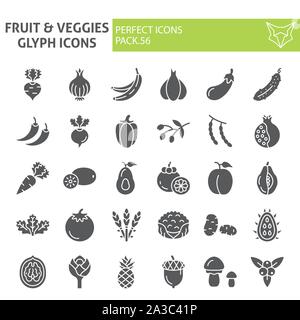 Fruits and vegetables glyph icon set, food symbols collection, vector sketches, logo illustrations, grocery signs solid pictograms package isolated on Stock Vector