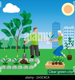 Volunteers plant flowers and trees - flat vector illustration Stock Vector