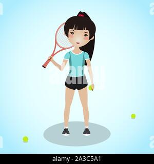 Teen girl holding a tennis racket. Active lifestyle. Playing tennis. Young and pretty caucasian woman. Sport people concept image. Beautiful asian wom Stock Vector