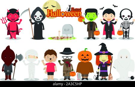 Set of Children´s Halloween characters, including Dracula, Frankenstein, devil, witch, skeleton, pumpkin, mummy and more. Vector illustration Stock Vector