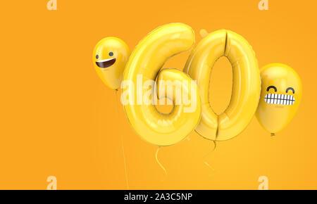Number 60 birthday ballloon with emoji faces balloons. 3D Render Stock Photo