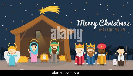 Christmas nativity scene with holy family, the three wise men and star of Bethlehem Vector background Stock Vector