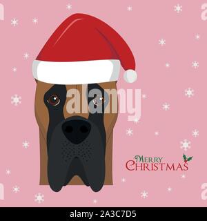 Christmas greeting card. Great Dane dog with red Santa's hat Stock Vector