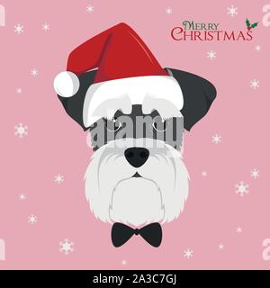 Christmas greeting card. Schnauzer dog with red Santa's hat Stock Vector