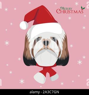 Christmas greeting card. Shitzu dog with red Santa's hat Stock Vector