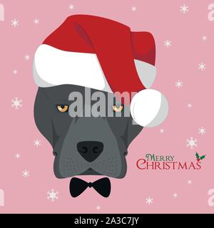 Christmas greeting card. American Staffordshire Terrier dog with red Santa's hat Stock Vector