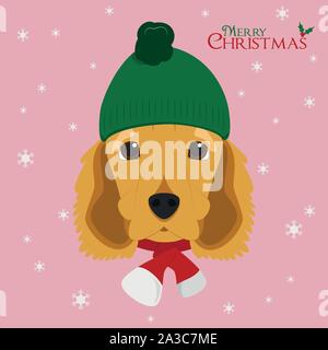 Christmas greeting card. English Cocker Spaniel dog wearing a woolen cap for winter Stock Vector