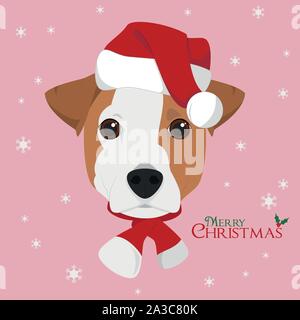 Christmas greeting card. Jack Russell dog with red Santa's hat Stock Vector