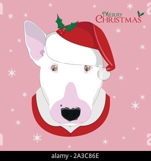 Christmas greeting card. Bull Terrier dog with red Santa's hat Stock Vector