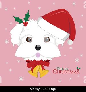 Christmas greeting card. Maltese dog with red Santa's hat and Christmas bells Stock Vector
