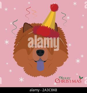 Christmas greeting card. Chow Chow dog wearing a party hat Stock Vector