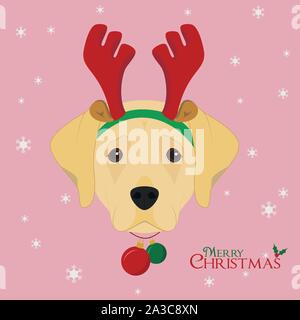 Christmas greeting card. Labrador Retriever dog with reindeer horns and Christmas toy balls Stock Vector