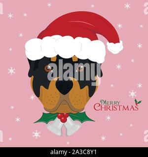 Christmas greeting card. Rottweiler dog with red Santa's hat and Christmas bells Stock Vector