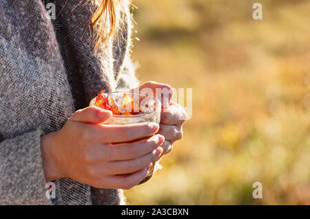 Cozy autumn. A cup of tea in female hands against the backdrop of an autumn landscape. Stock Photo