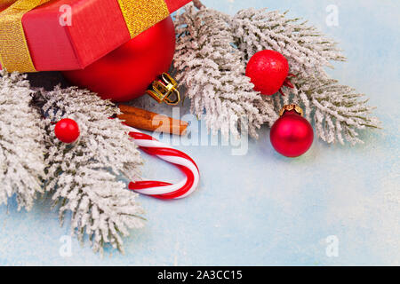 Xmas decorations. Christmas background with green Xmas tree branch and New Year decor
