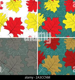 Leaf background. Modern abstract set with red autumn maple leaves seamless on colorful background for decorative design. Vector wallpaper. Floral Stock Vector