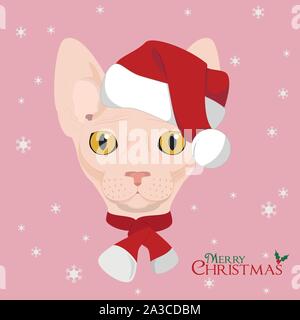 Christmas greeting card. Sphynx cat wearing a scarf and a red Santa's hat Stock Vector