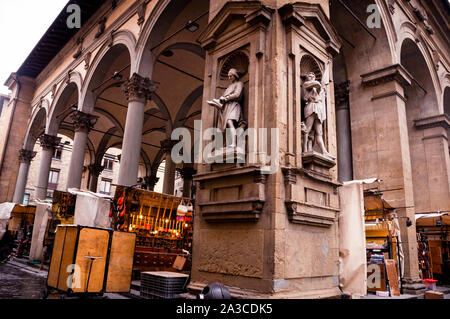 In the heart of Florence, steps from Ponte Vecchio,  is the Loggia del Mercato Nuovo, an open air market bursting with Italian leather and tapestry. Stock Photo