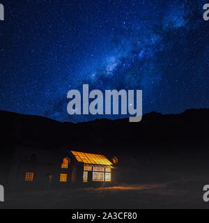 Milky Way and starry skies over a lodge in the Andes mountains. Cusco, Peru Stock Photo
