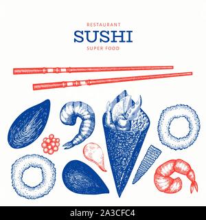 Sushi roll temaki hand drawn vector illustration. Japanese cuisine elements vintage style. Asian food bento set background Stock Vector