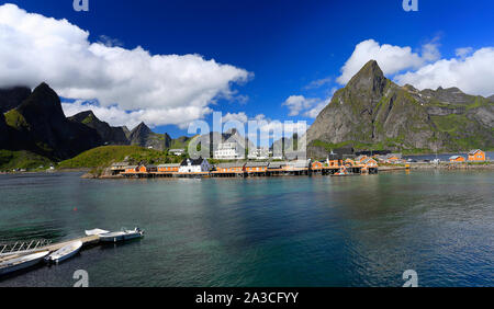 Sakrisøy Island with colorful yellow fishing houses in a sunny day, Lofoten, Norway Stock Photo