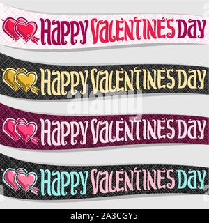 Vector set of ribbons for St. Valentine's Day, 4 curved banners with pink hearts pierced arrow, original handwritten font for text happy valentines da Stock Vector