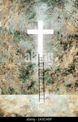 Ladder to the God. Shining cross. Digital painting Stock Photo