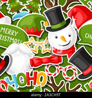 Merry Christmas seamless pattern with photo booth stickers. Stock Vector