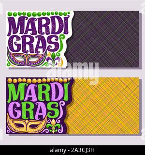 Vector banners for Mardi Gras carnival, invite tickets with purple venetian mask, original font for festive text mardi gras on yellow, fleur de lis & Stock Vector