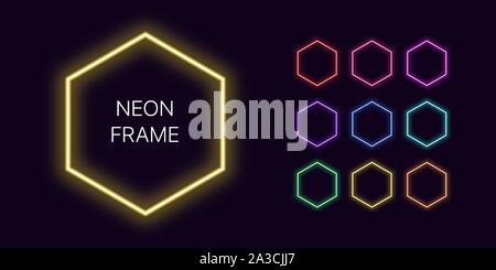 Neon monochrome hexagon Border with copy space. Templates set of Neon gradient hexagonal Frame. Expressive and futuristic graphic element, geometric s Stock Vector