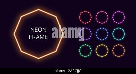 Neon monochrome octagon Border with copy space. Templates set of Neon gradient octagonal Frame. Expressive and futuristic graphic element, geometric s Stock Vector
