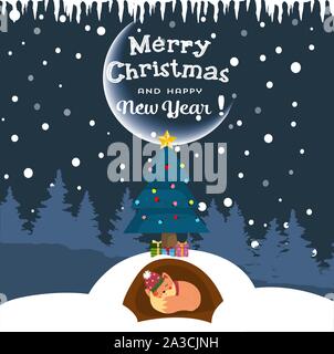 Cute winter fox sleeping in hole under decorated christmas tree with gifts on night background with snow and moon. Kawaii animal in scarf and hat cart Stock Vector