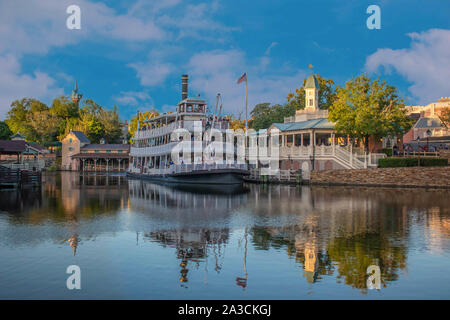 Orlando, Florida. September 25, 2019. Liberty Square Riverboat on sunset background  at Magic Kigndom Stock Photo