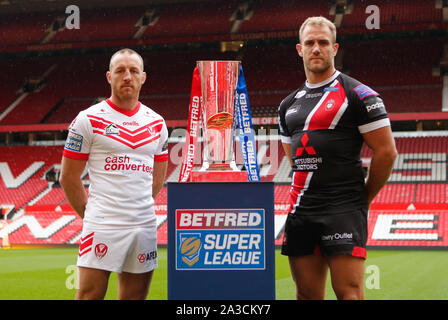 Manchester, UK. 07th Oct, 2019. Old Trafford, Manchester, 7th October 2019. James Roby Captain (L) of St Helens along side the Betfred Super League Trophy and Lee Mossop Captain (R) of Salford Red Devils during Betfred Super League Grand Final 2019 Press Conference at Old Trafford, Sir Matt Busby Way, Old Trafford, Stretford, Manchester M16 0RA Credit: Touchlinepics/Alamy Live News Stock Photo