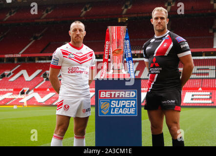 Manchester, UK. 07th Oct, 2019. Old Trafford, Manchester, 7th October 2019. James Roby Captain (L) of St Helens along side the Betfred Super League Trophy and Lee Mossop Captain (R) of Salford Red Devils during Betfred Super League Grand Final 2019 Press Conference at Old Trafford, Sir Matt Busby Way, Old Trafford, Stretford, Manchester M16 0RA Credit: Touchlinepics/Alamy Live News Stock Photo