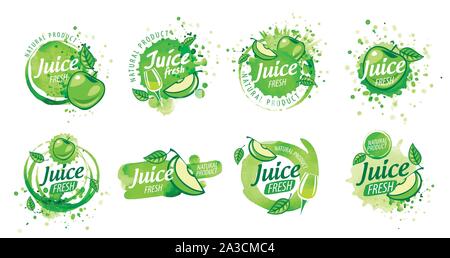 Set of vector logos splashing green Apple juice on white background Stock Vector