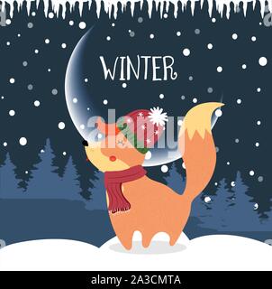 Cute winter fox in knitted hat and scarf on night snowy background with fir trees and snowdrifts. Christmas holidays and New Year Card Cartoon flat ve Stock Vector