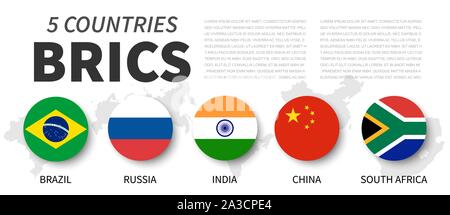 BRICS . Association of 5 countries . Flat simple circle flag design . White isolated background and country map . Vector . Stock Vector