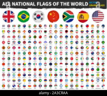 All national flags of the world . Grunge circle shape watercolor painting flag design . White isolated background . Element vector . Stock Vector