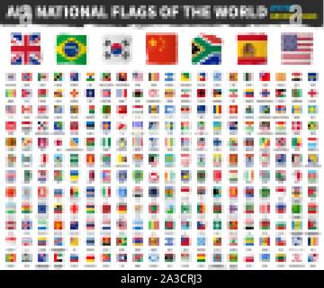 All national flags of the world . Grunge square shape watercolor painting flag design . White isolated background . Element vector . Stock Vector