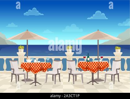 Cafe with tables under umbrellas with sea views on the street Stock Vector